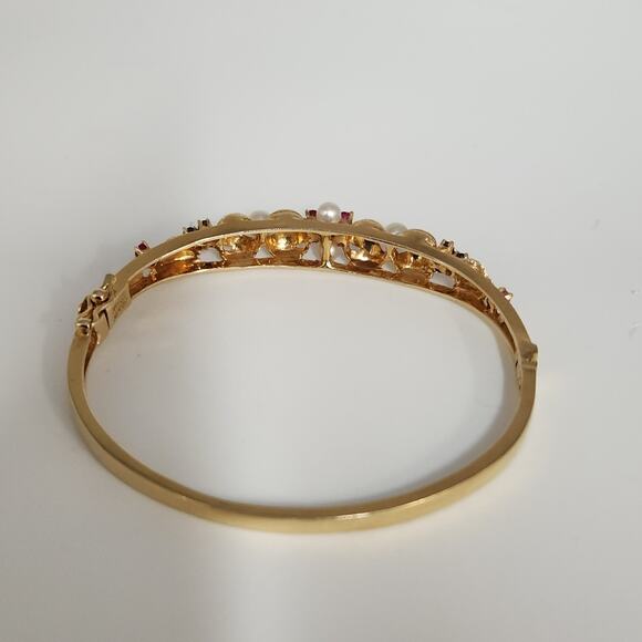 Antique 14k Yellow Gold Pearls,Ruby & Sapphire Bangle Bracelets - Picture 3 of 12